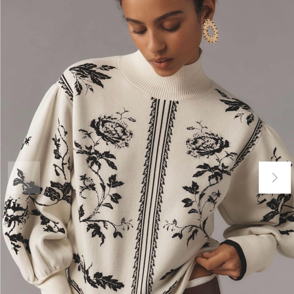 Anthropologie Balloon-Sleeve Turtleneck Floral Sweater